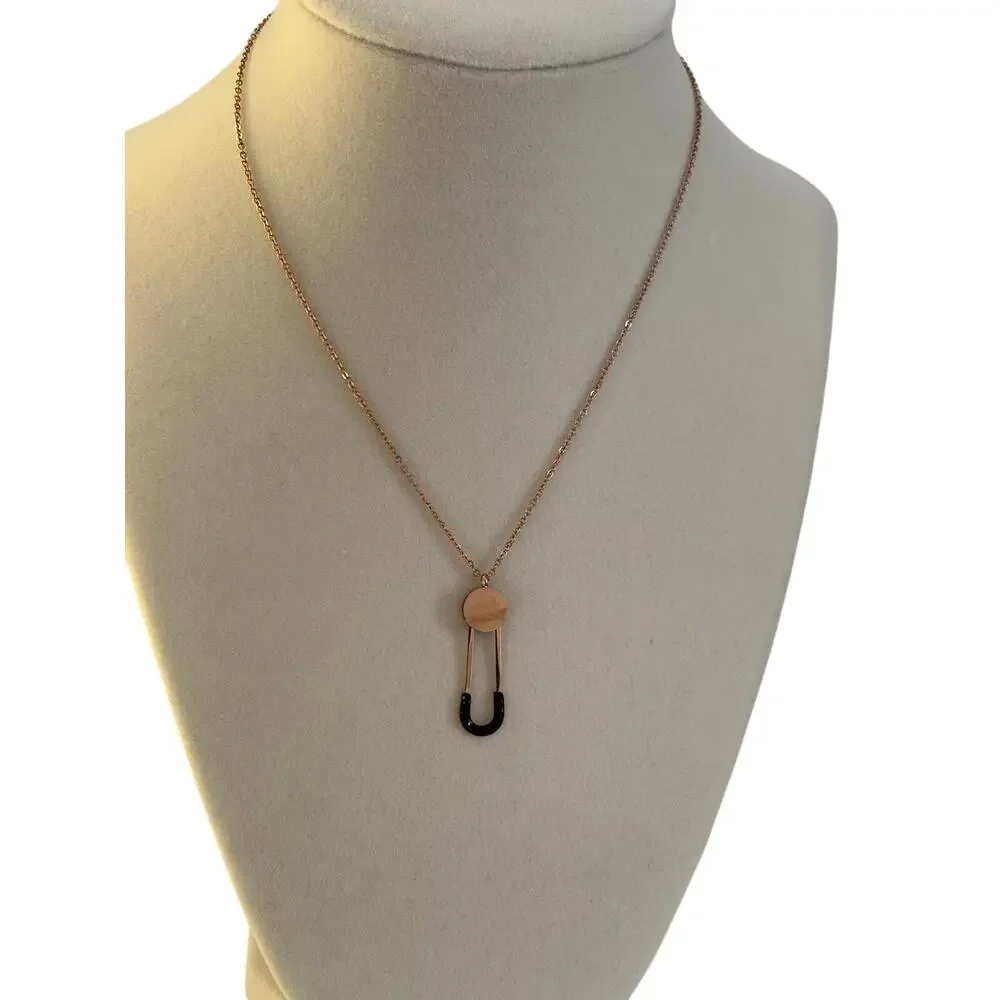 Rose Gold Safety Pin Pendant Necklace Black Crystal Minimalist Women Jewelry - Picture 5 of 6